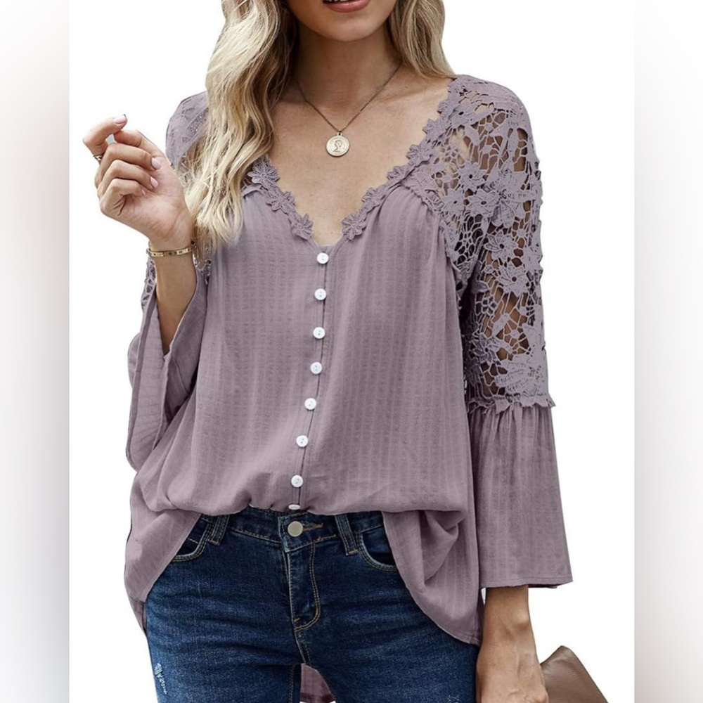 Lavender Lace Detail Back Boho Button Closure Sleeve Blouse Romantic & Chic - Picture 5 of 6